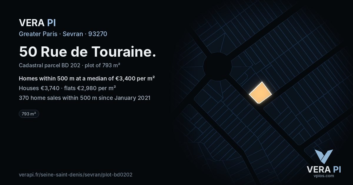50 Rue de Touraine, Sevran at night – the plot lit, the parcels around coloured by the prices near them
