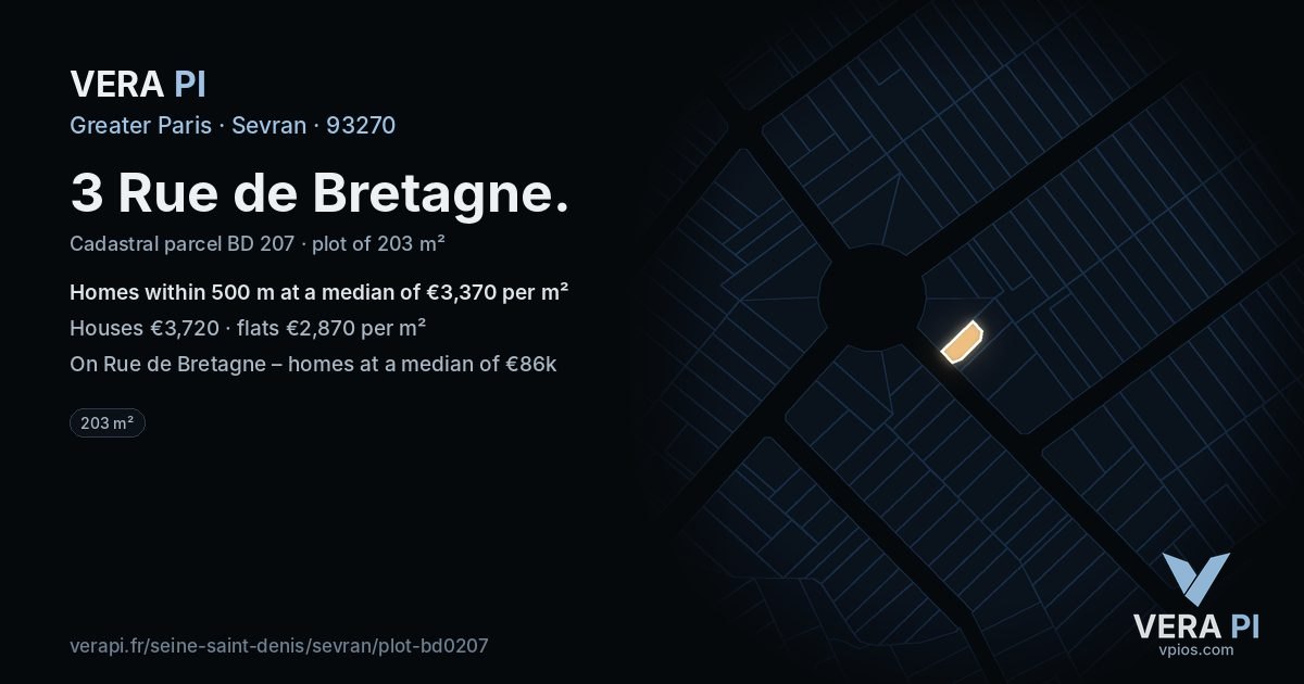 3 Rue de Bretagne, Sevran at night – the plot lit, the parcels around coloured by the prices near them