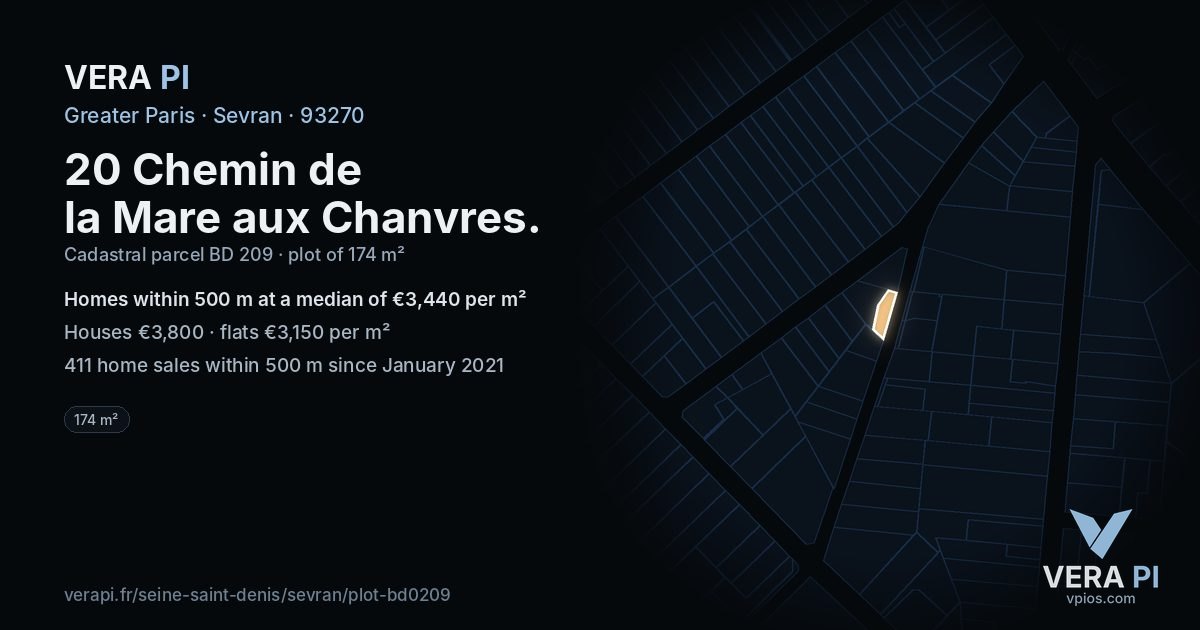 20 Chemin de la Mare aux Chanvres, Sevran at night – the plot lit, the parcels around coloured by the prices near them