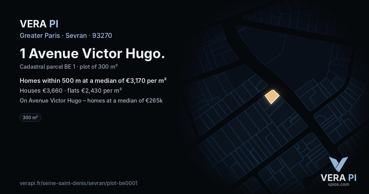 1 Avenue Victor Hugo, Sevran at night – the plot lit, the parcels around coloured by the prices near them