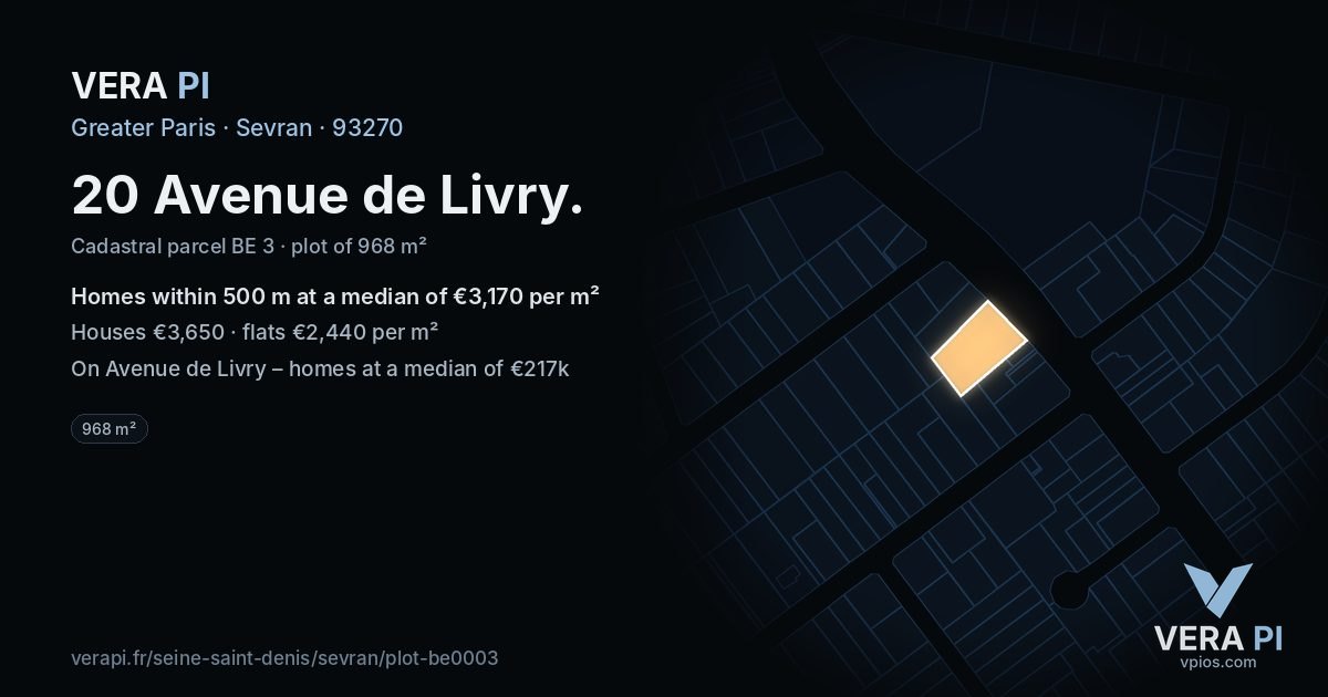 20 Avenue de Livry, Sevran at night – the plot lit, the parcels around coloured by the prices near them