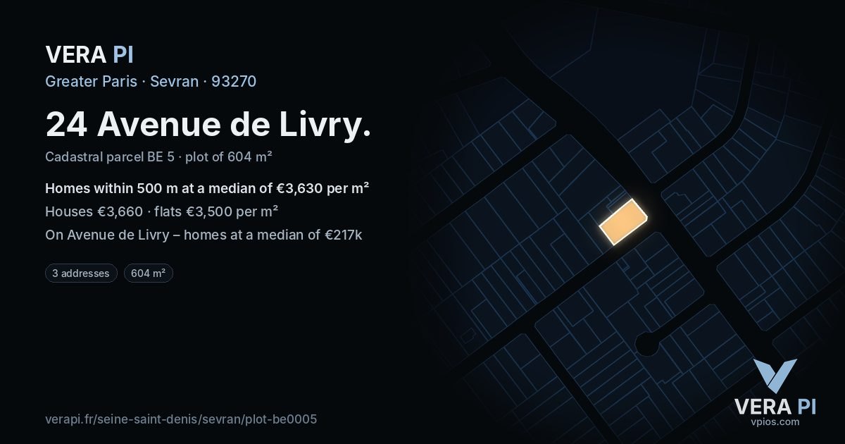 24 Avenue de Livry, Sevran at night – the plot lit, the parcels around coloured by the prices near them