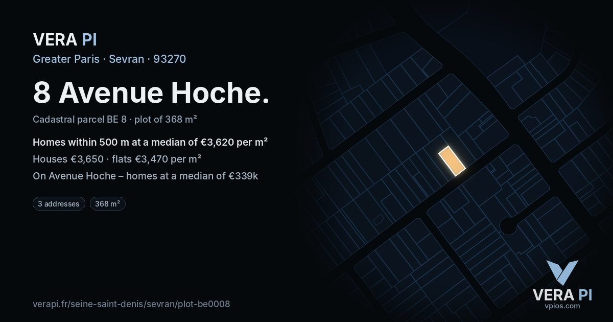 8 Avenue Hoche, Sevran at night – the plot lit, the parcels around coloured by the prices near them