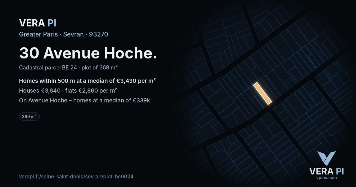 30 Avenue Hoche, Sevran at night – the plot lit, the parcels around coloured by the prices near them