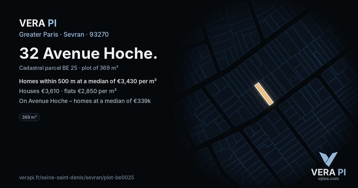 32 Avenue Hoche, Sevran at night – the plot lit, the parcels around coloured by the prices near them