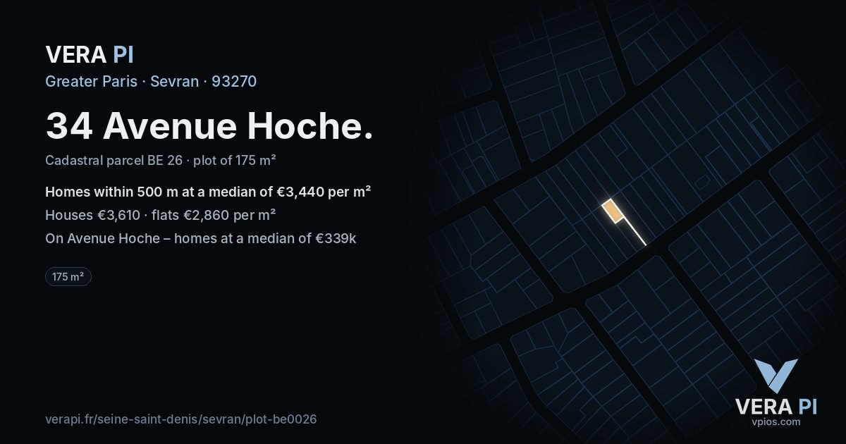 34 Avenue Hoche, Sevran at night – the plot lit, the parcels around coloured by the prices near them