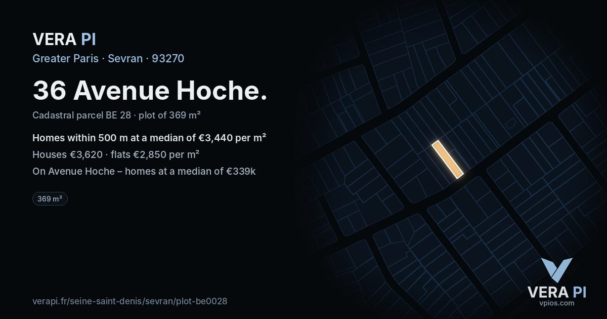 36 Avenue Hoche, Sevran at night – the plot lit, the parcels around coloured by the prices near them