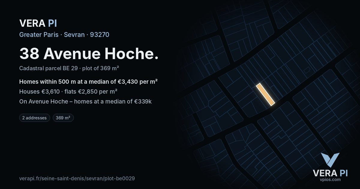 38 Avenue Hoche, Sevran at night – the plot lit, the parcels around coloured by the prices near them