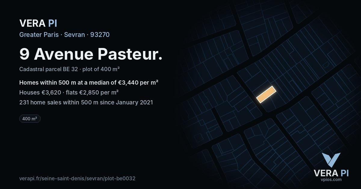 9 Avenue Pasteur, Sevran at night – the plot lit, the parcels around coloured by the prices near them