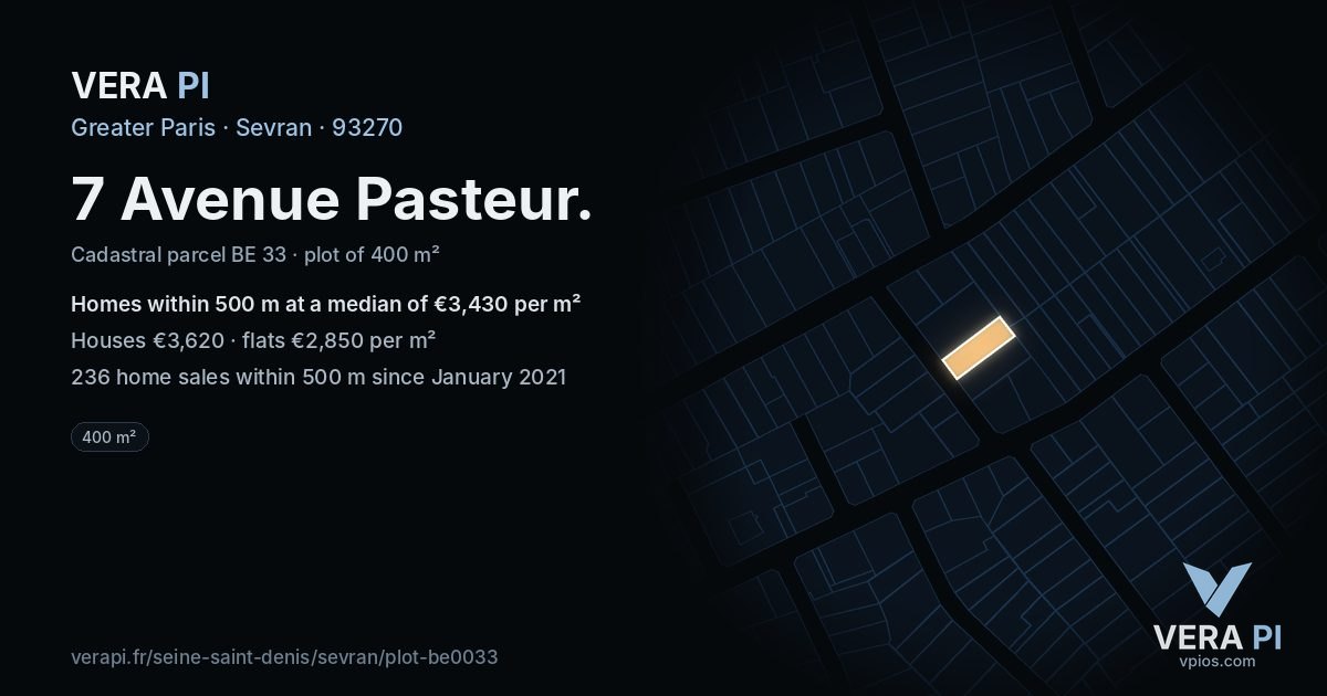 7 Avenue Pasteur, Sevran at night – the plot lit, the parcels around coloured by the prices near them