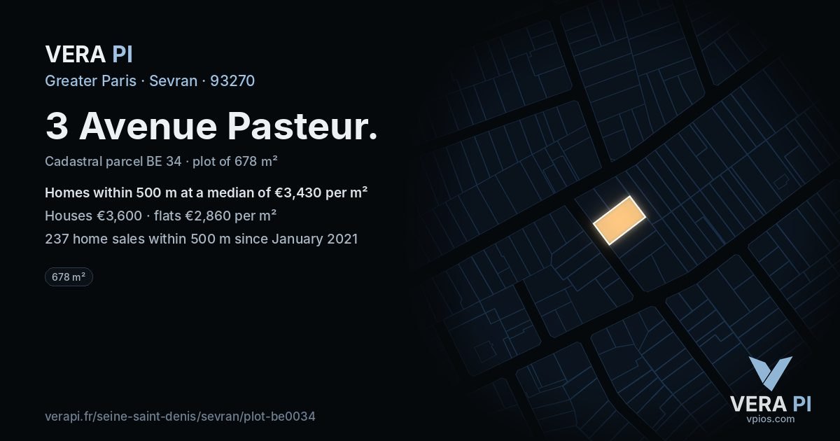 3 Avenue Pasteur, Sevran at night – the plot lit, the parcels around coloured by the prices near them