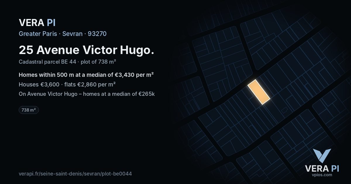 25 Avenue Victor Hugo, Sevran at night – the plot lit, the parcels around coloured by the prices near them