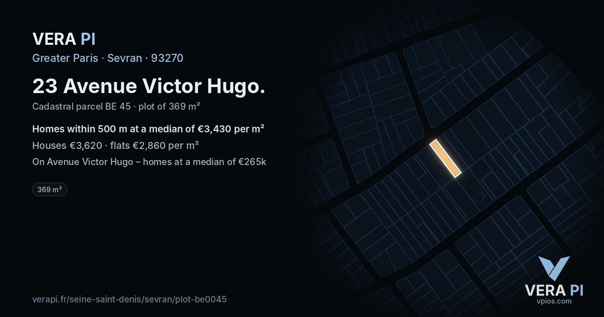 23 Avenue Victor Hugo, Sevran at night – the plot lit, the parcels around coloured by the prices near them