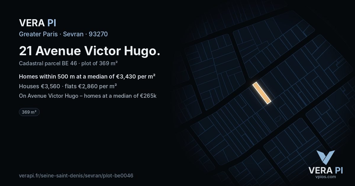 21 Avenue Victor Hugo, Sevran at night – the plot lit, the parcels around coloured by the prices near them