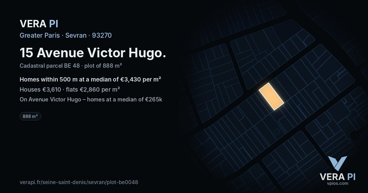 15 Avenue Victor Hugo, Sevran at night – the plot lit, the parcels around coloured by the prices near them