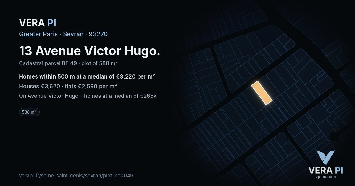 13 Avenue Victor Hugo, Sevran at night – the plot lit, the parcels around coloured by the prices near them