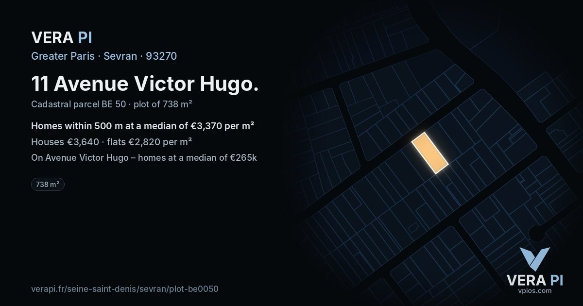 11 Avenue Victor Hugo, Sevran at night – the plot lit, the parcels around coloured by the prices near them