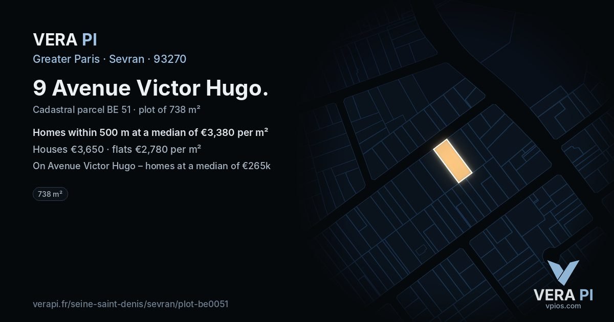 9 Avenue Victor Hugo, Sevran at night – the plot lit, the parcels around coloured by the prices near them