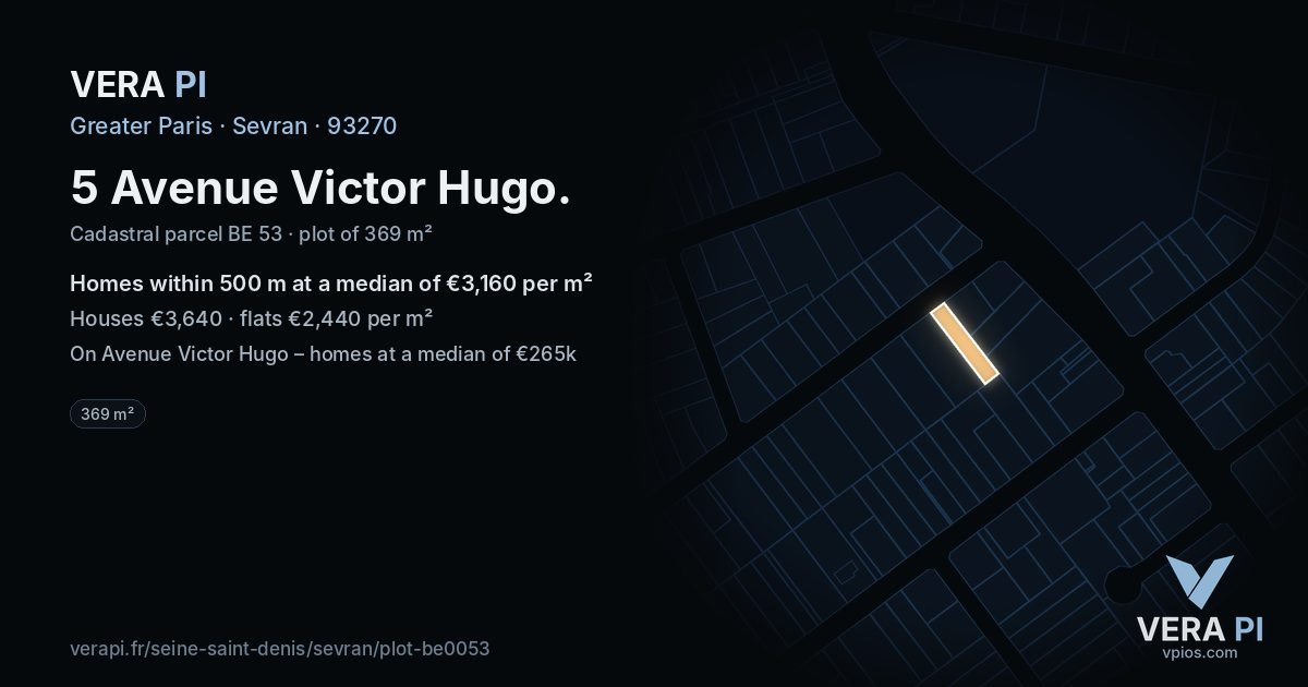 5 Avenue Victor Hugo, Sevran at night – the plot lit, the parcels around coloured by the prices near them