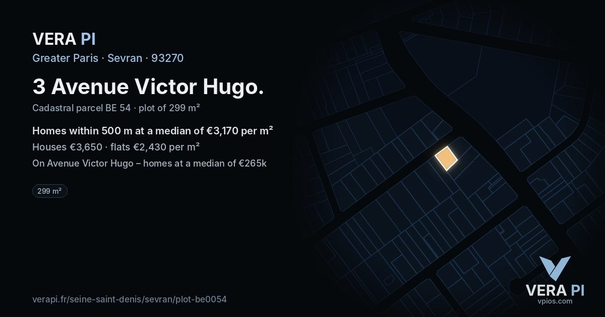 3 Avenue Victor Hugo, Sevran at night – the plot lit, the parcels around coloured by the prices near them