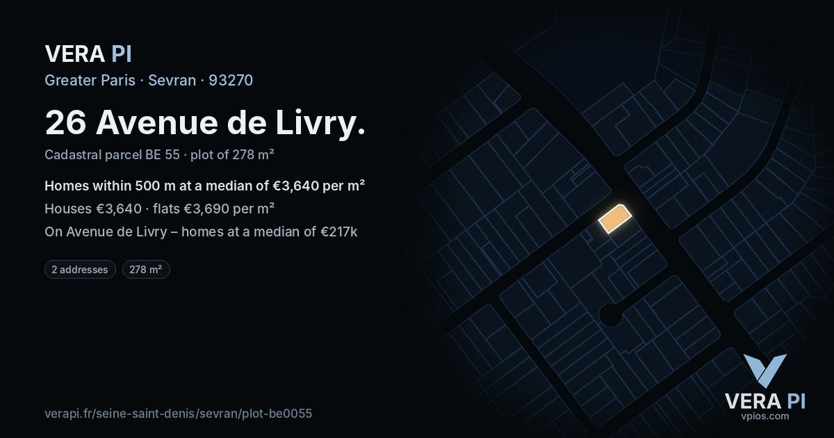 26 Avenue de Livry, Sevran at night – the plot lit, the parcels around coloured by the prices near them