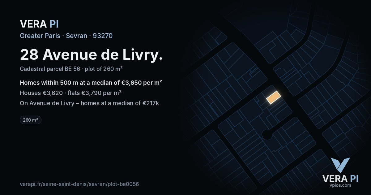 28 Avenue de Livry, Sevran at night – the plot lit, the parcels around coloured by the prices near them