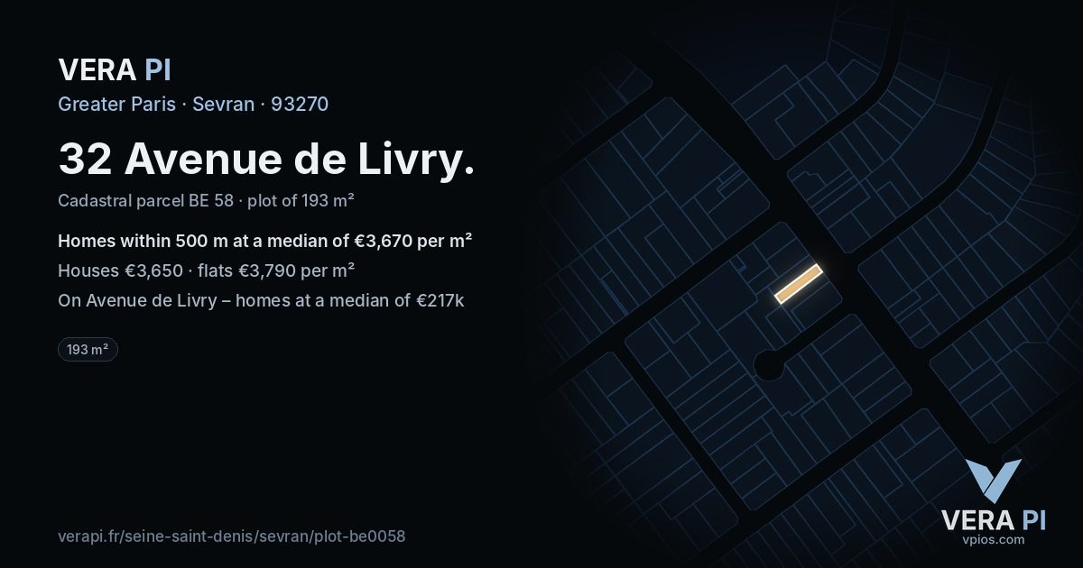32 Avenue de Livry, Sevran at night – the plot lit, the parcels around coloured by the prices near them