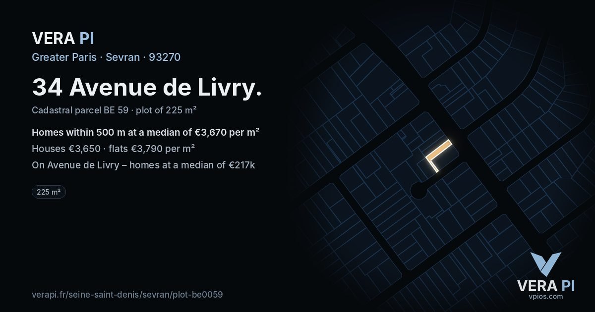 34 Avenue de Livry, Sevran at night – the plot lit, the parcels around coloured by the prices near them