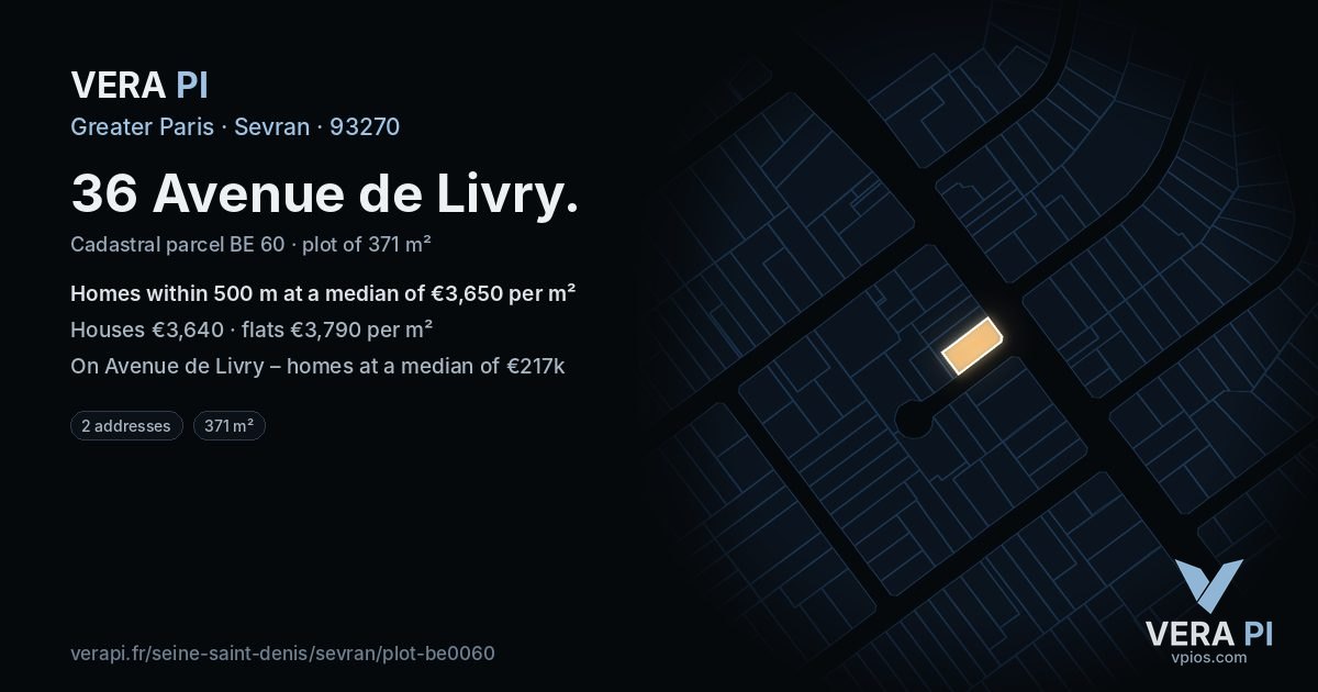 36 Avenue de Livry, Sevran at night – the plot lit, the parcels around coloured by the prices near them
