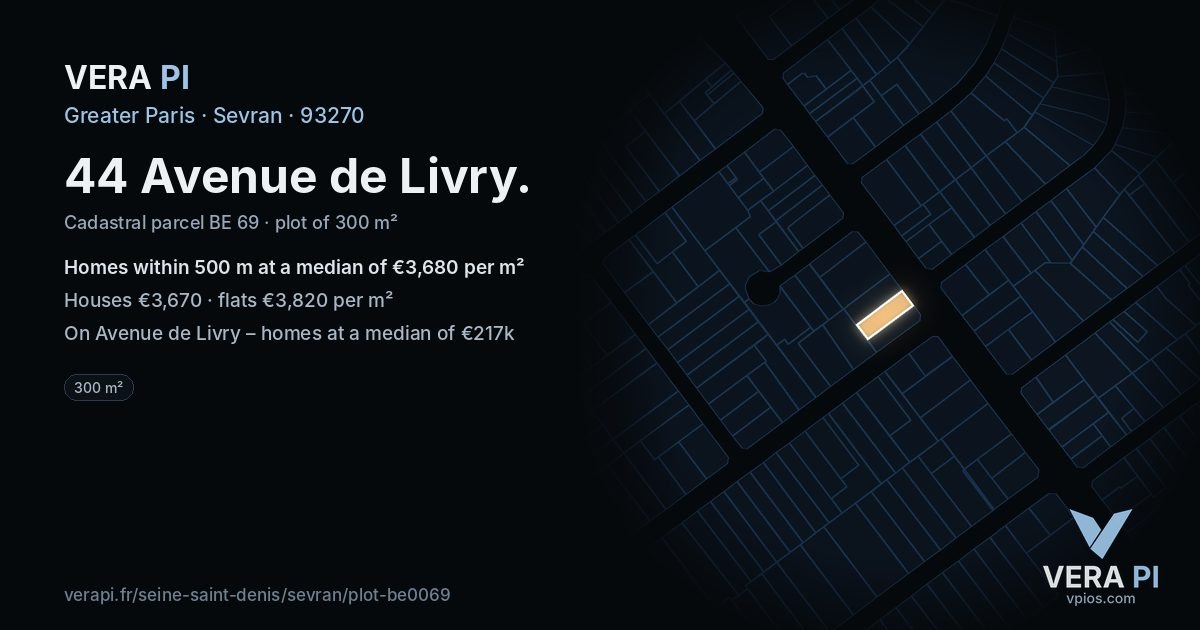 44 Avenue de Livry, Sevran at night – the plot lit, the parcels around coloured by the prices near them