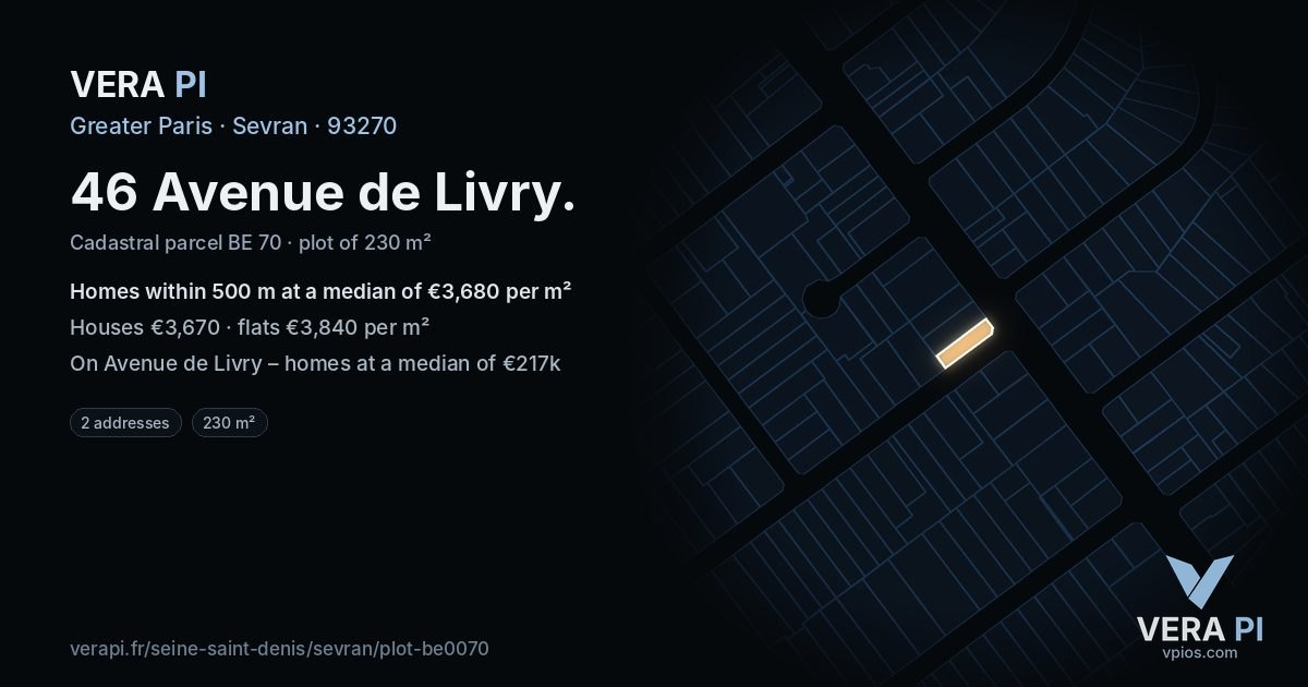 46 Avenue de Livry, Sevran at night – the plot lit, the parcels around coloured by the prices near them
