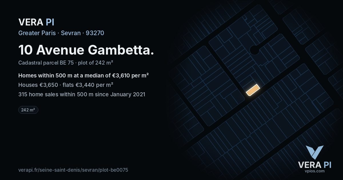 10 Avenue Gambetta, Sevran at night – the plot lit, the parcels around coloured by the prices near them