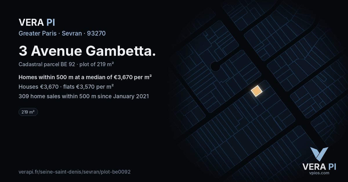 3 Avenue Gambetta, Sevran at night – the plot lit, the parcels around coloured by the prices near them
