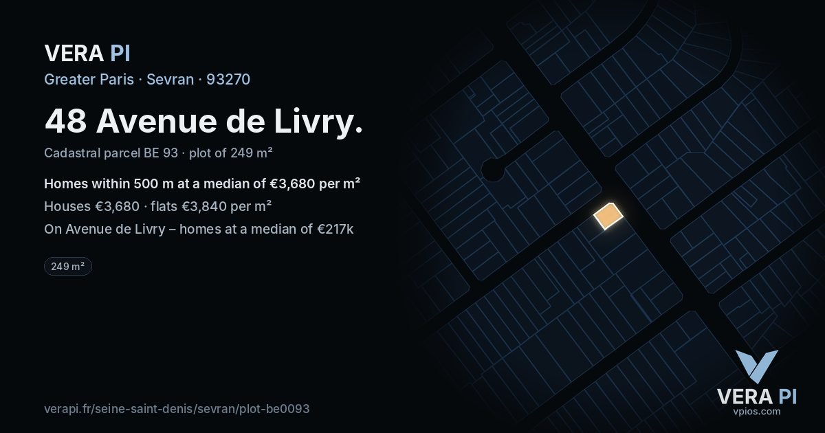 48 Avenue de Livry, Sevran at night – the plot lit, the parcels around coloured by the prices near them