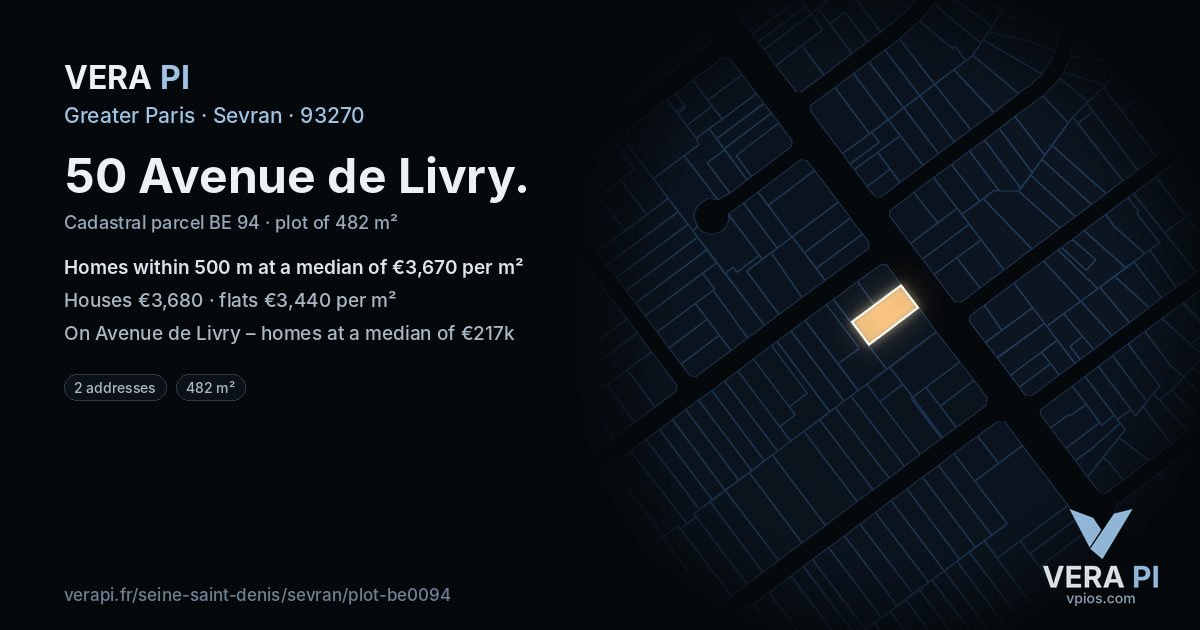 50 Avenue de Livry, Sevran at night – the plot lit, the parcels around coloured by the prices near them