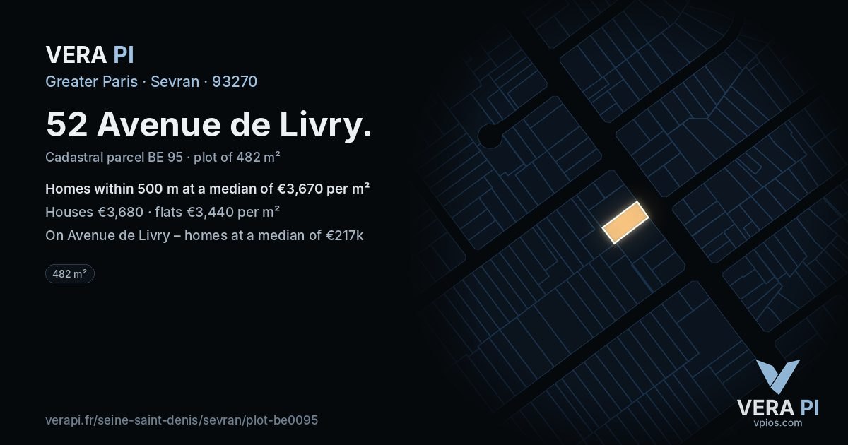 52 Avenue de Livry, Sevran at night – the plot lit, the parcels around coloured by the prices near them