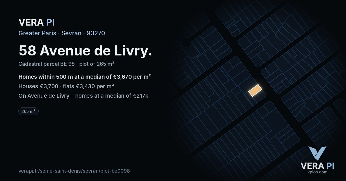 58 Avenue de Livry, Sevran at night – the plot lit, the parcels around coloured by the prices near them
