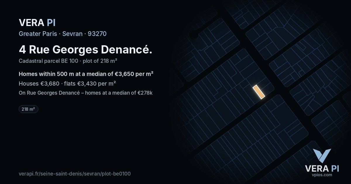 4 Rue Georges Denancé, Sevran at night – the plot lit, the parcels around coloured by the prices near them
