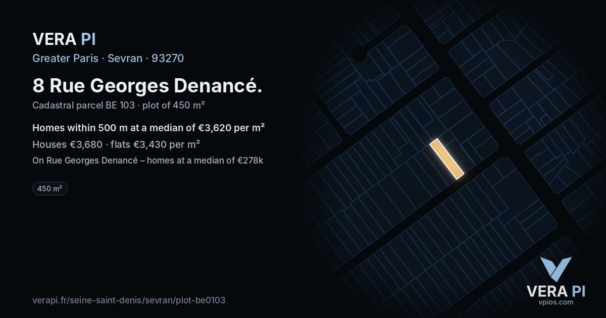 8 Rue Georges Denancé, Sevran at night – the plot lit, the parcels around coloured by the prices near them