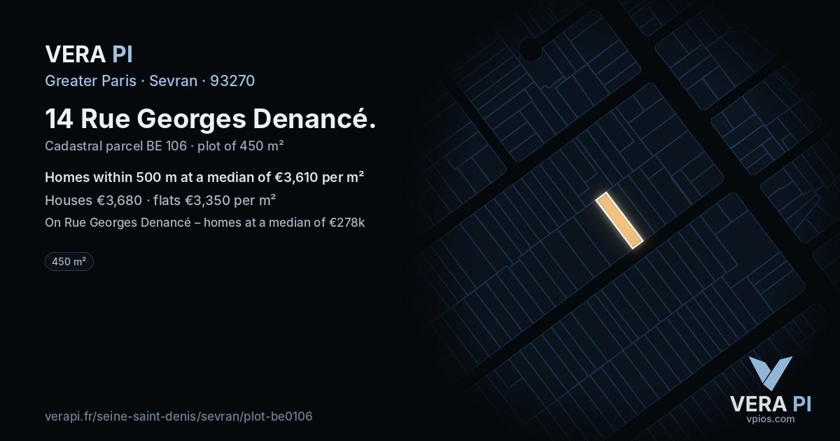 14 Rue Georges Denancé, Sevran at night – the plot lit, the parcels around coloured by the prices near them