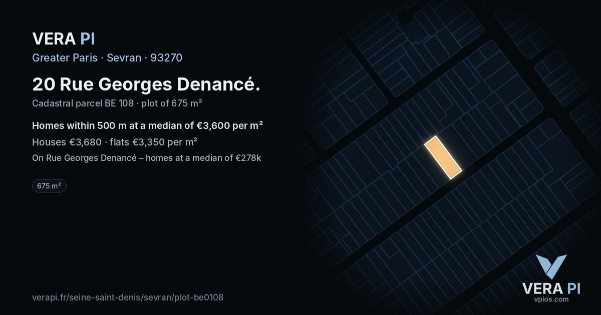 20 Rue Georges Denancé, Sevran at night – the plot lit, the parcels around coloured by the prices near them