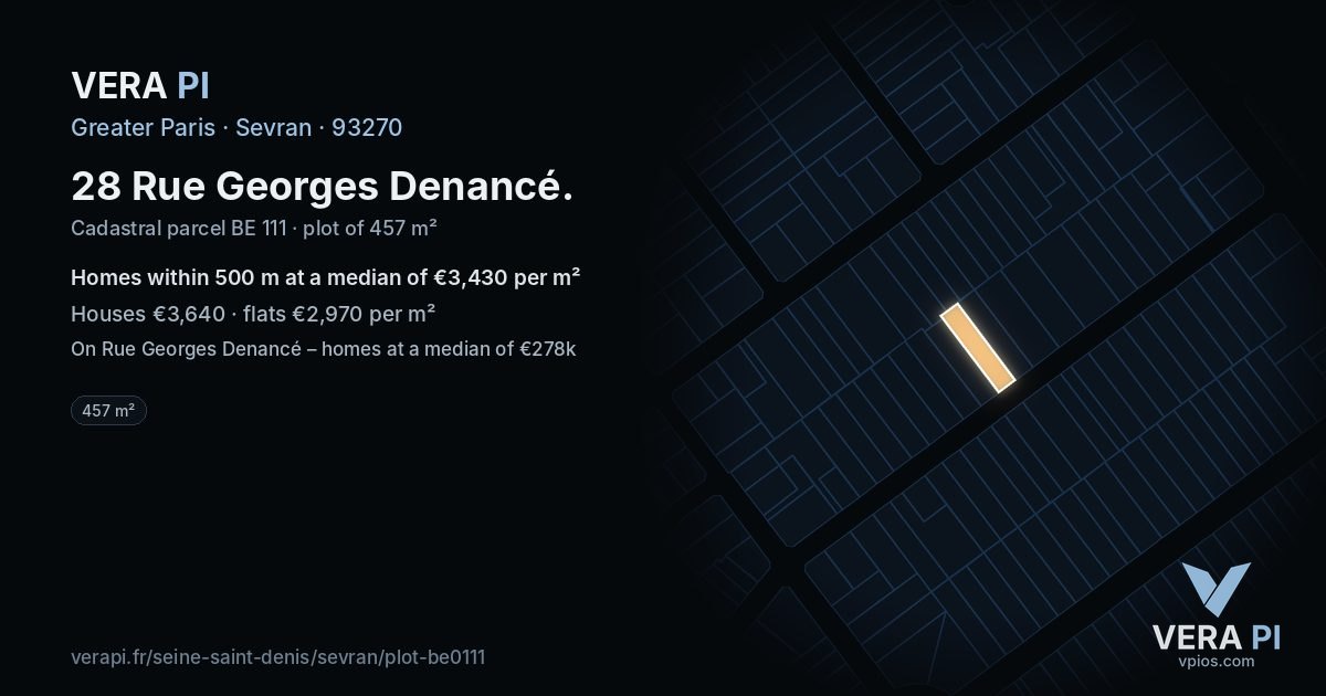 28 Rue Georges Denancé, Sevran at night – the plot lit, the parcels around coloured by the prices near them