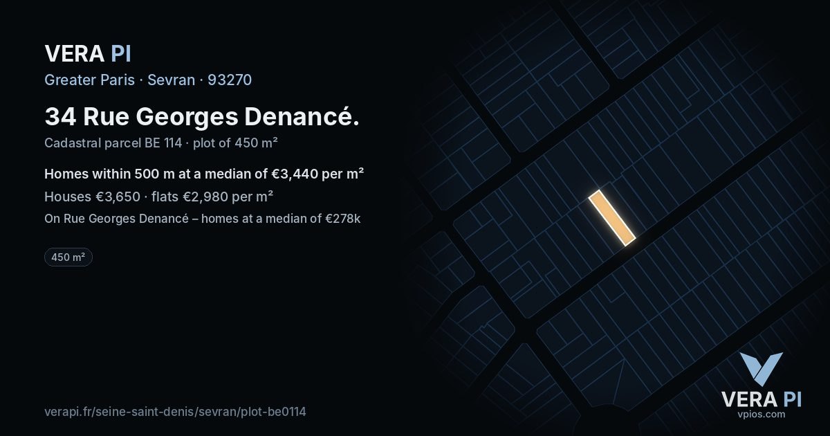 34 Rue Georges Denancé, Sevran at night – the plot lit, the parcels around coloured by the prices near them