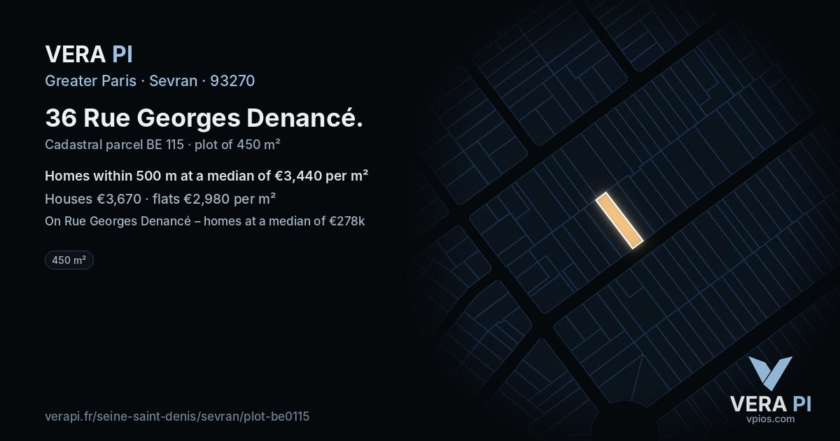 36 Rue Georges Denancé, Sevran at night – the plot lit, the parcels around coloured by the prices near them