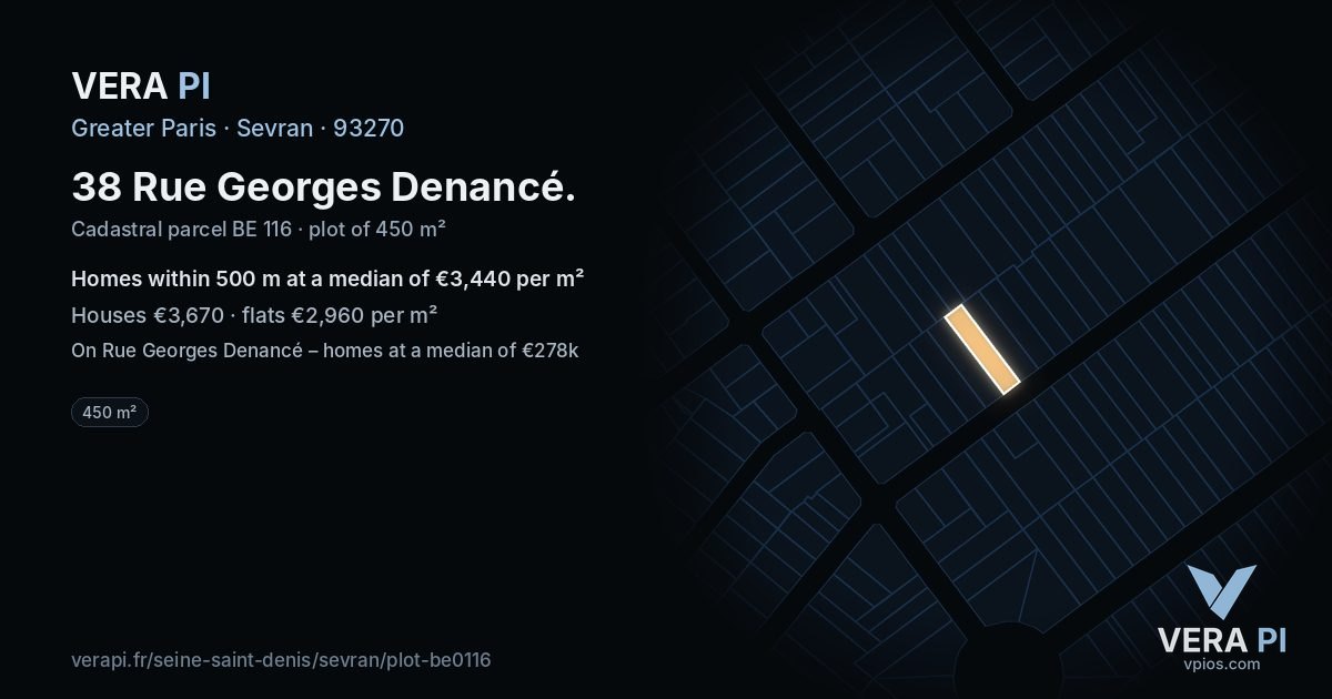 38 Rue Georges Denancé, Sevran at night – the plot lit, the parcels around coloured by the prices near them