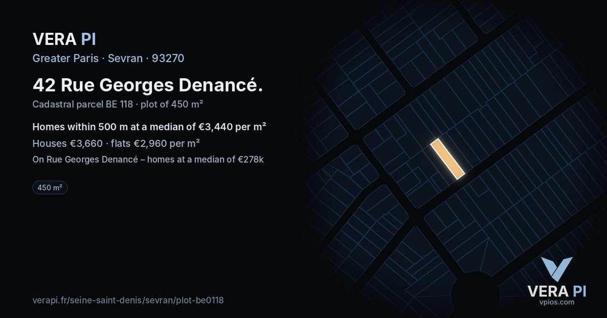 42 Rue Georges Denancé, Sevran at night – the plot lit, the parcels around coloured by the prices near them