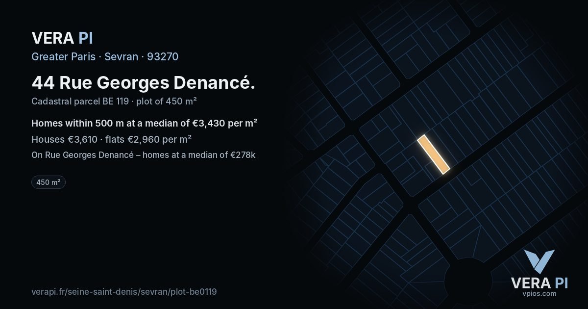 44 Rue Georges Denancé, Sevran at night – the plot lit, the parcels around coloured by the prices near them