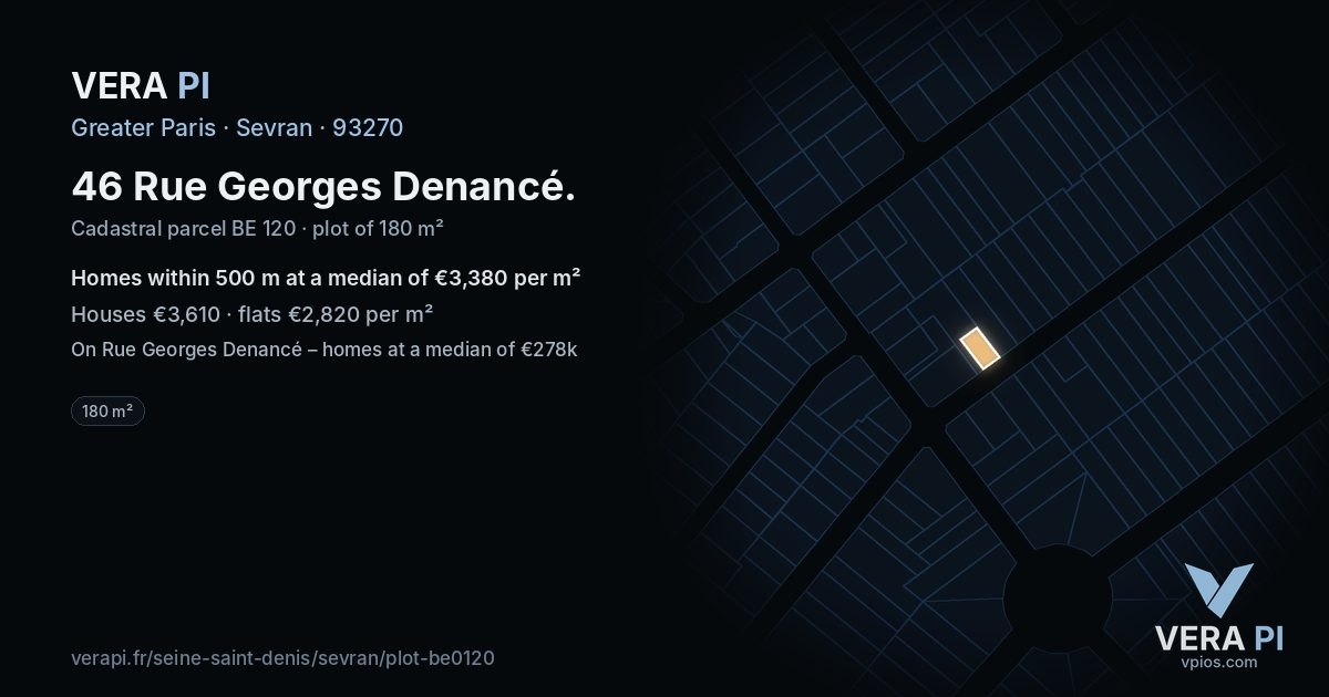 46 Rue Georges Denancé, Sevran at night – the plot lit, the parcels around coloured by the prices near them
