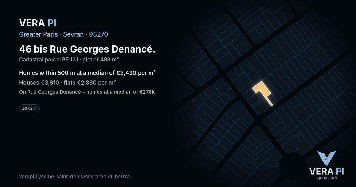 46 bis Rue Georges Denancé, Sevran at night – the plot lit, the parcels around coloured by the prices near them