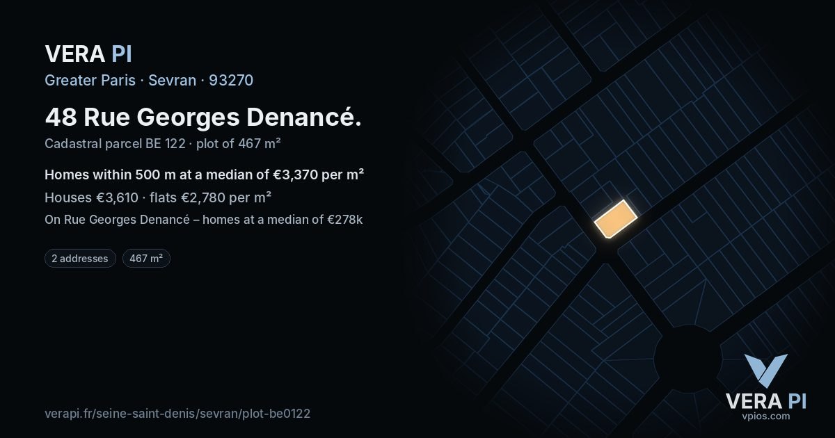 48 Rue Georges Denancé, Sevran at night – the plot lit, the parcels around coloured by the prices near them